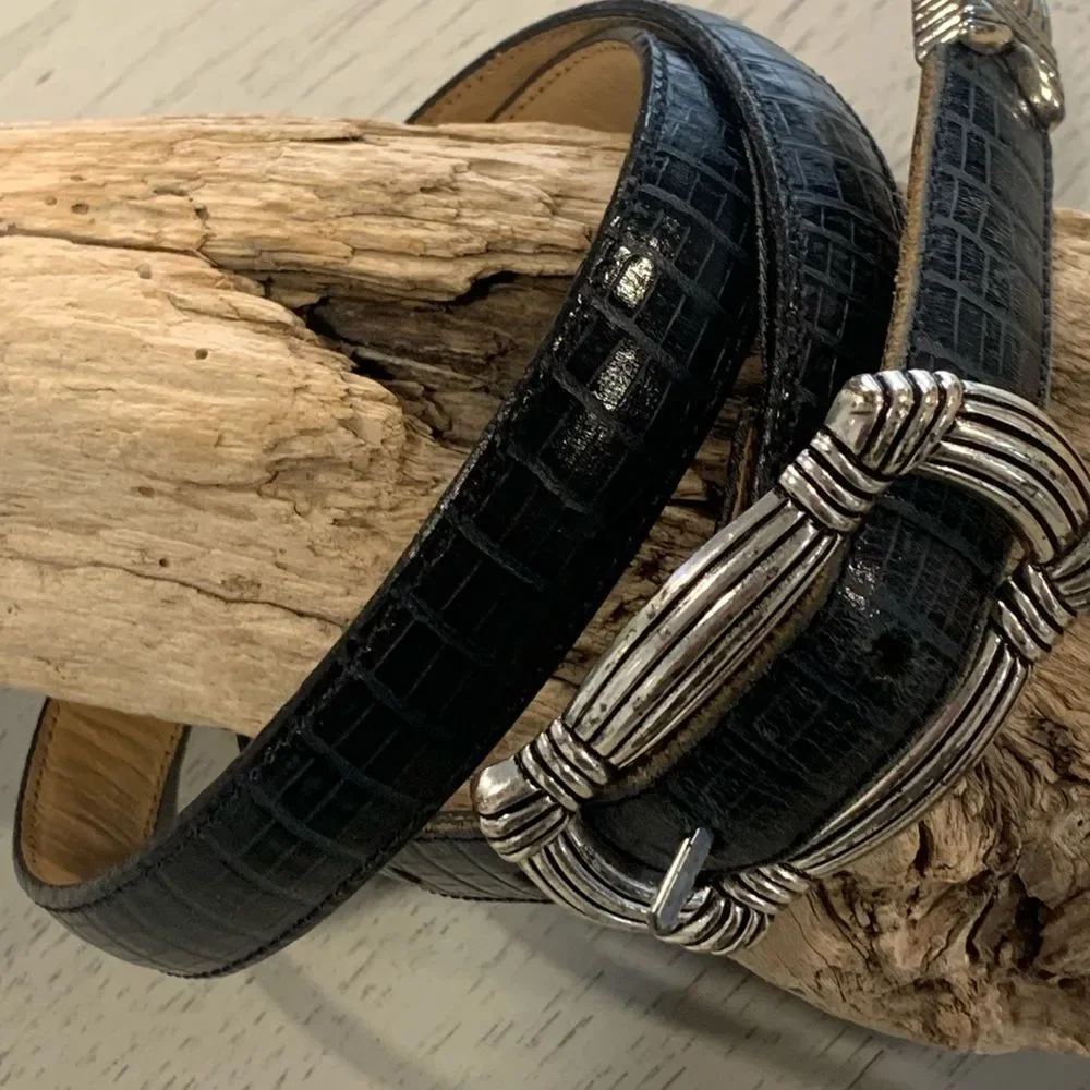 Brighton Black Croc-Embossed Belt with Silver Buckle